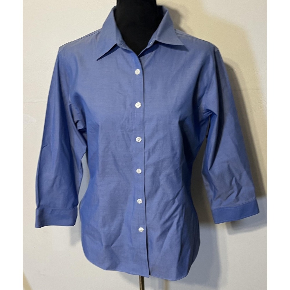L.L.Bean Button Up Shirt Womens Medium Blue Wrinkle Resistant 3/4‎ Sleeve Top